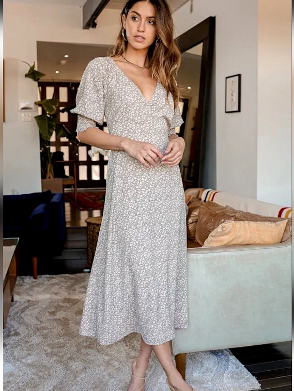 Lulus Times With You Sage Green Floral Print Puff Sleeve Midi Dress Size Large